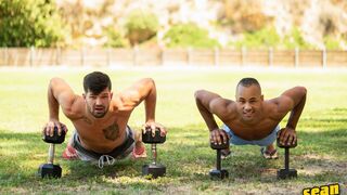 Inked Hottie Brysen Cums All Over Chris’ Juicy Black Booty