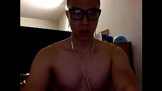 Horny Asian With Glasses Cums Solo in Bathroom During Steamy Gay Cam Session