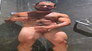 Muscular Bear With Perfect Ass Washes Hair in Steamy Hotel Bathroom Solo