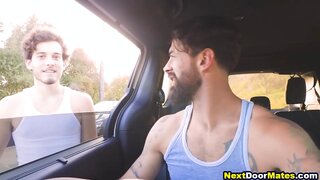 Tattooed Hunk Picks Up Hitchhiker for Hot Bareback Gay Action
