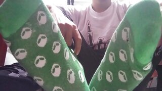 Sweaty Feet in Green Socks Tease Your Face in Gay Fetish Fun