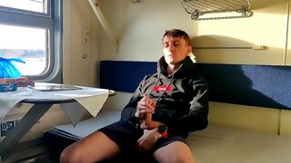 Guy in Hoodie Intensely Masturbates Solo in Train Cabin