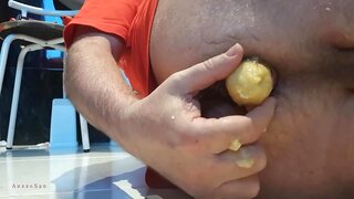 AnzoSan Eats Tasty Banana on His Ass in Hot Gay Anal Action