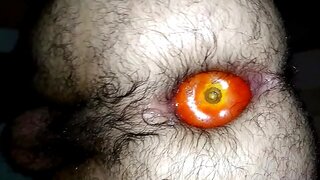 Horny Hairy Dude Inserts Giant Tomato forWild Amateur Gay Anal Fun