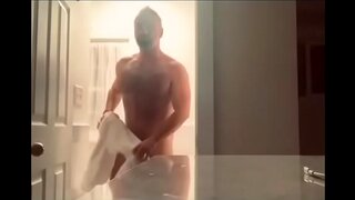 Hot Muscular Guy Flexes in the Wet Shower with Hairy Biceps and Armpits