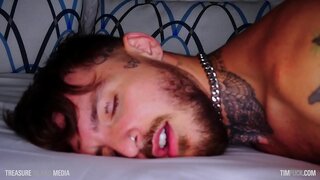 Beefy Hunk Wears Out Blue Velvet in Intense Tattooed Muscle Sex
