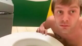 Naked Guy Faces Public Bathroom Humiliation with Rough Toilet Sex