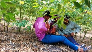 Three College Students Enjoy passionate romance in a flower field during afternoon break
