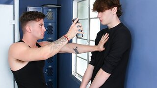 Horny Twink GetsCaught Masturbating Then Rides Big Dick in Public Bathroom