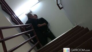 Hot Gay Duo Makes Out and Cums in Public Stairwell Handjob