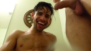 Bathroom blowjob leads to hot fucking against the sink