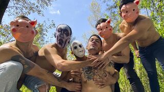 Masked Men Pound Each Other in Wild Outdoor Gang Bang